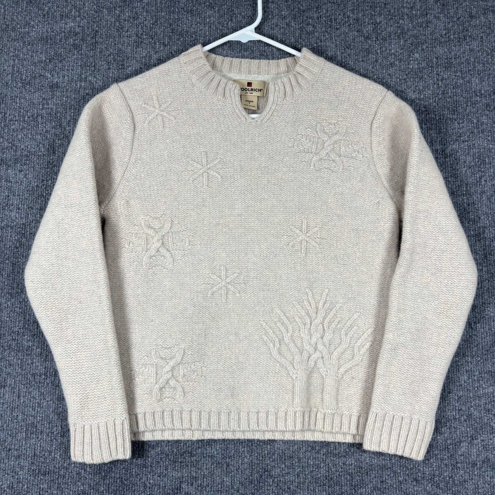 Vintage Woolrich Lambswool Sweater Womens S Oatmeal Snowflake Tree Cable Knit